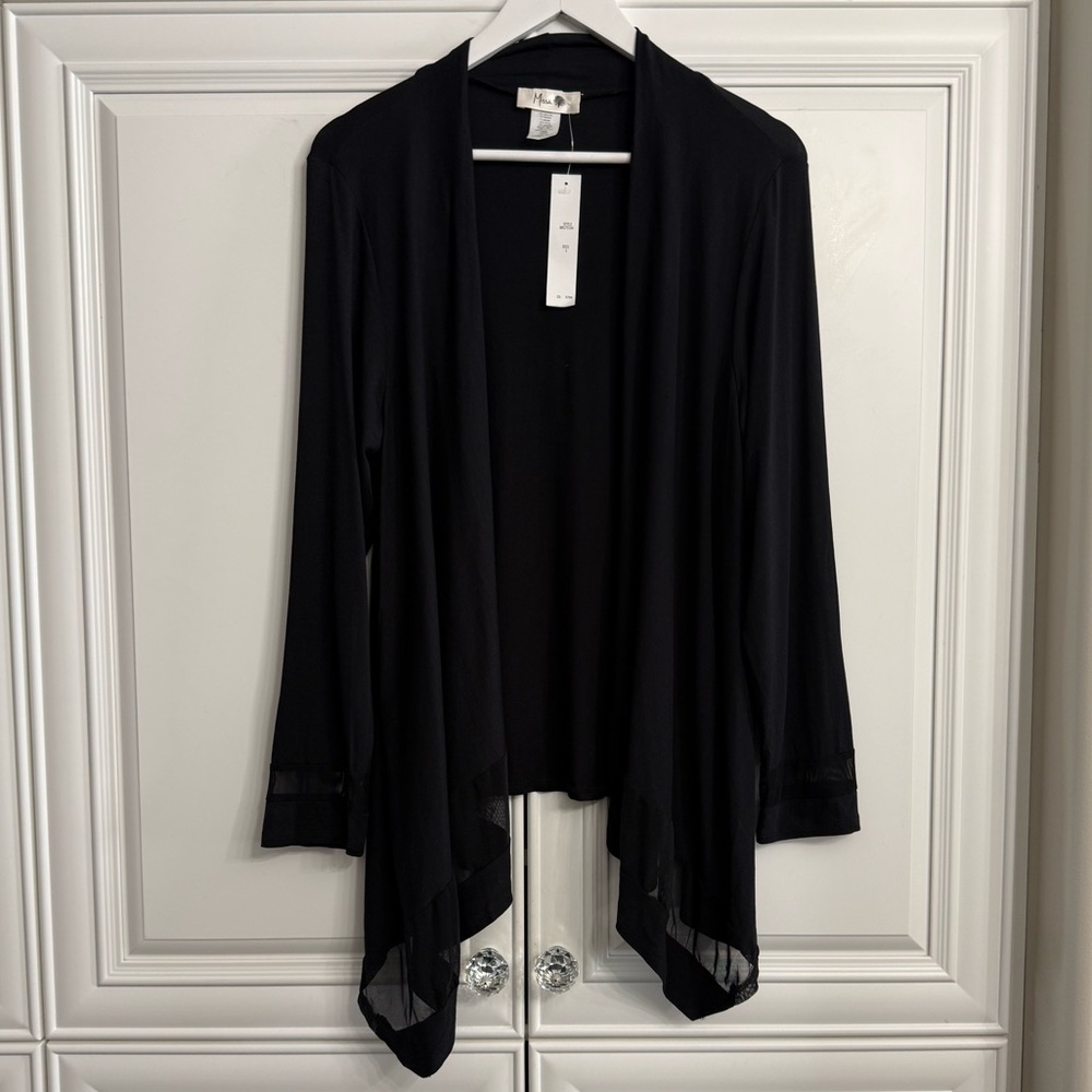 Missa Women’s Sz L Black Open Cardigan w/Sheer Panels Asymmetrical Hem NWT